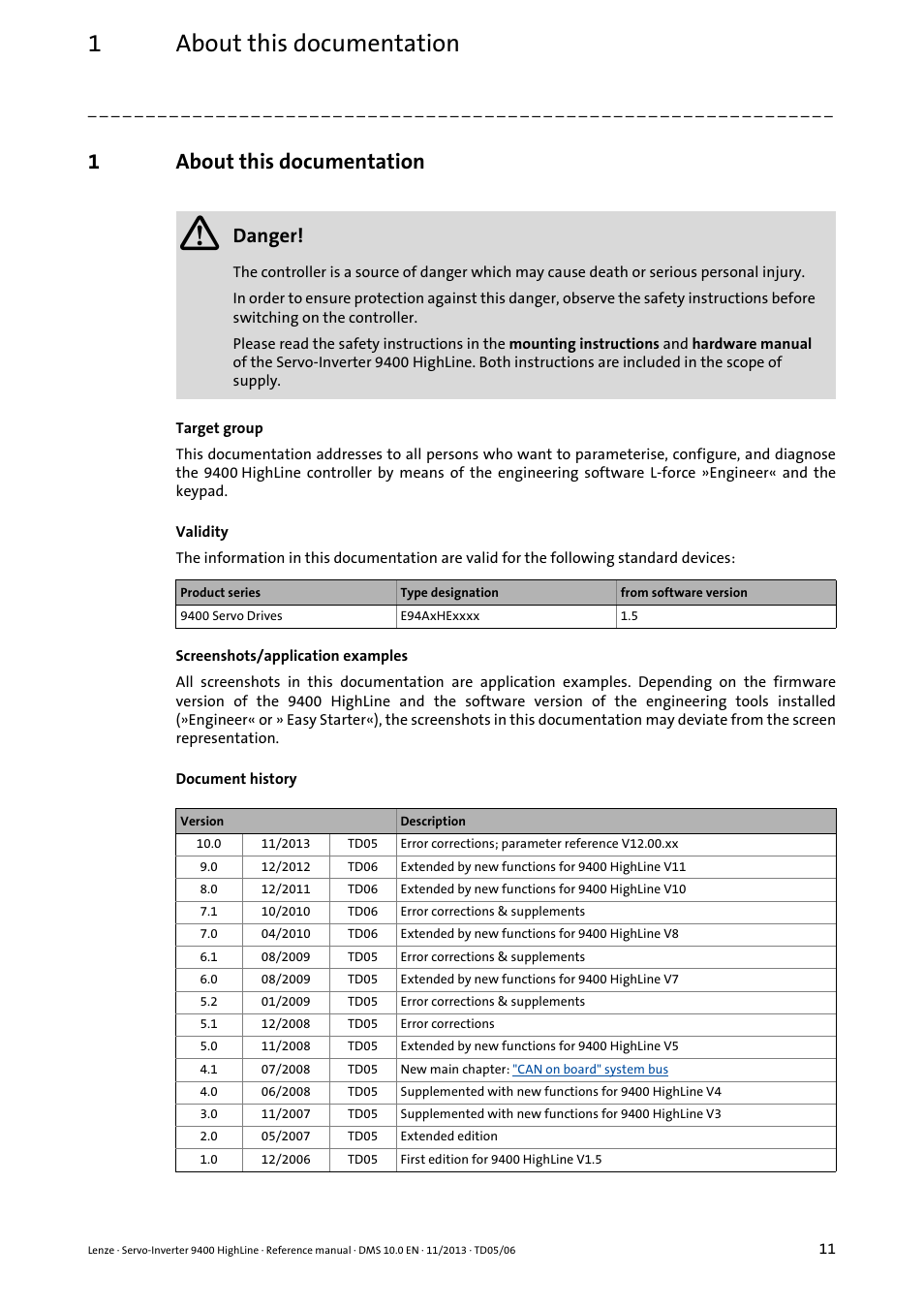 1 about this documentation, About this documentation, 1about this documentation | Danger | Lenze 9400 User Manual | Page 11 / 954