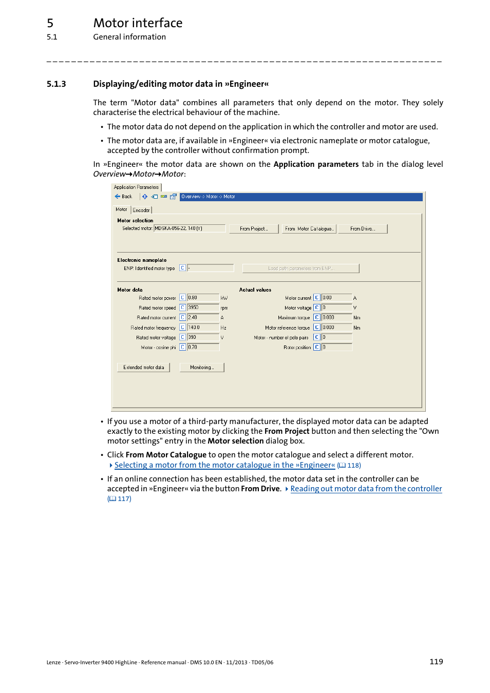 3 displaying/editing motor data in »engineer, Displaying/editing motor data in »engineer, 5motor interface | Lenze 9400 User Manual | Page 119 / 954