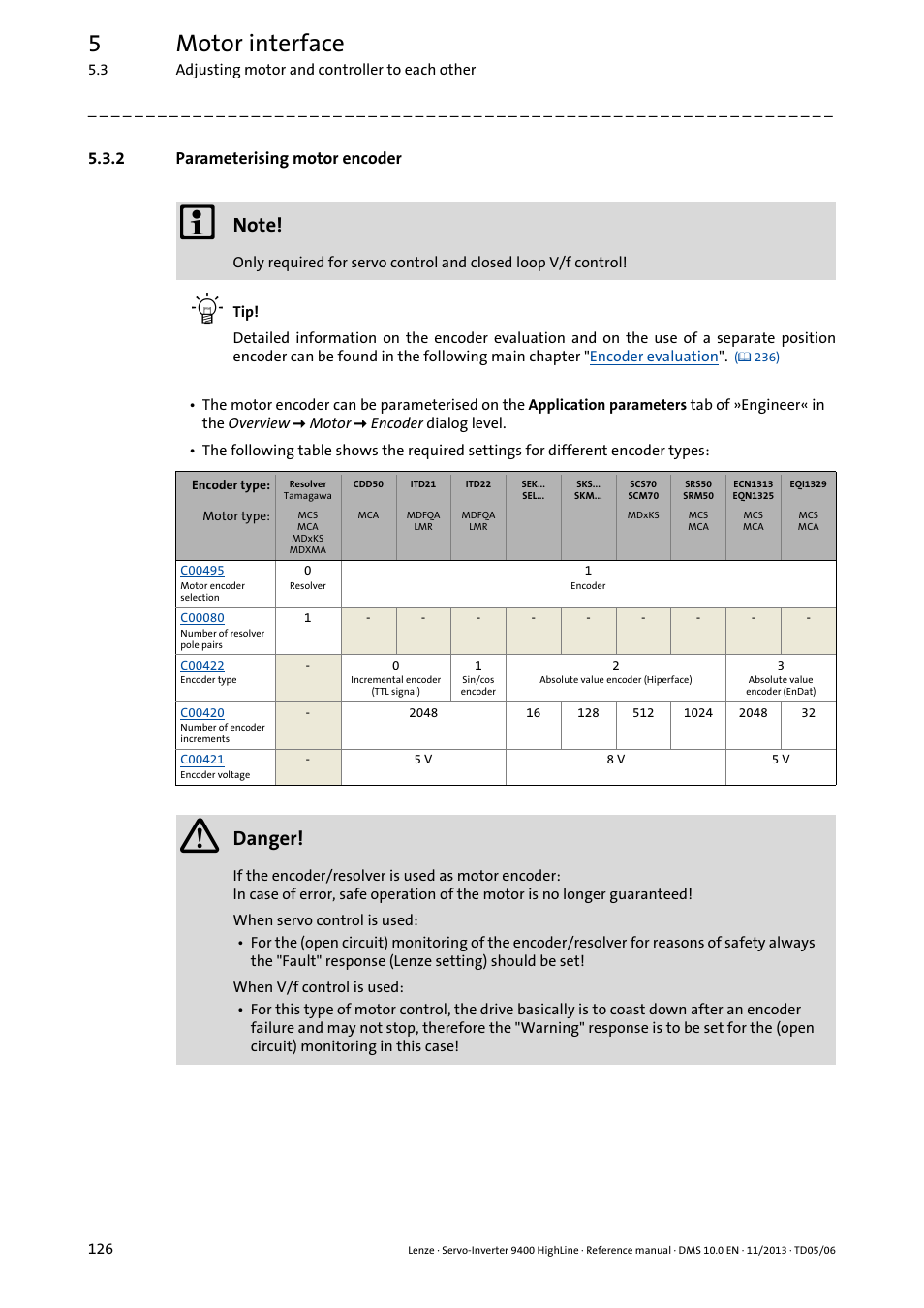 2 parameterising motor encoder, Parameterising motor encoder, 5motor interface | Danger | Lenze 9400 User Manual | Page 126 / 954