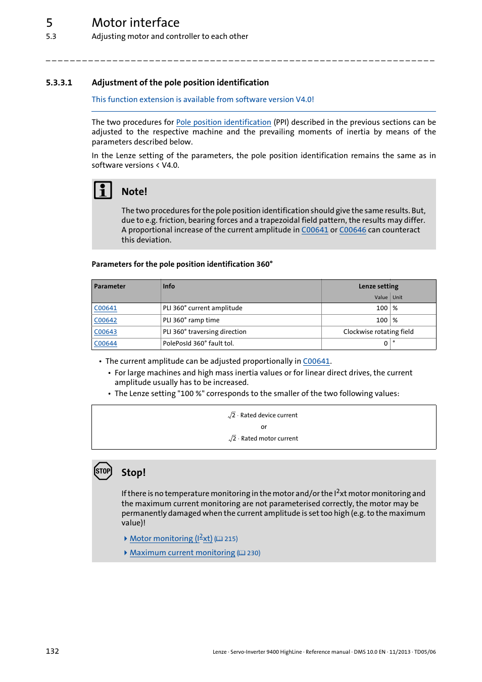 1 adjustment of the pole position identification, Adjustment of the pole position identification, 5motor interface | Stop | Lenze 9400 User Manual | Page 132 / 954