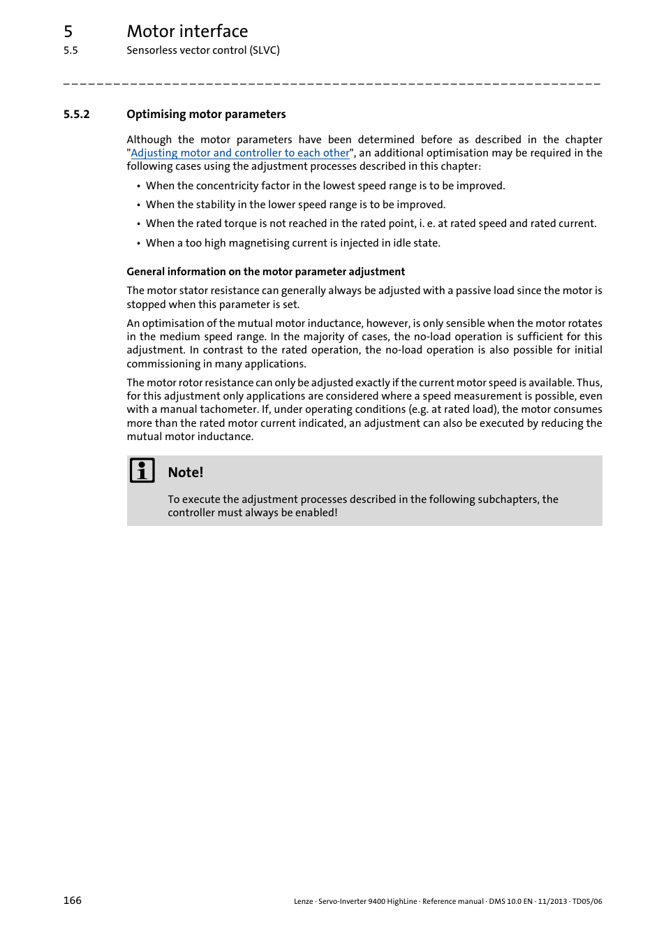 2 optimising motor parameters, Optimising motor parameters, 5motor interface | Lenze 9400 User Manual | Page 166 / 954