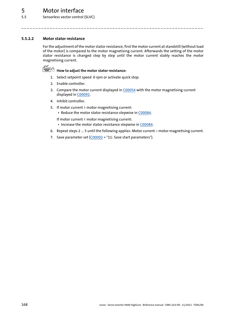 2 motor stator resistance, 5motor interface | Lenze 9400 User Manual | Page 168 / 954