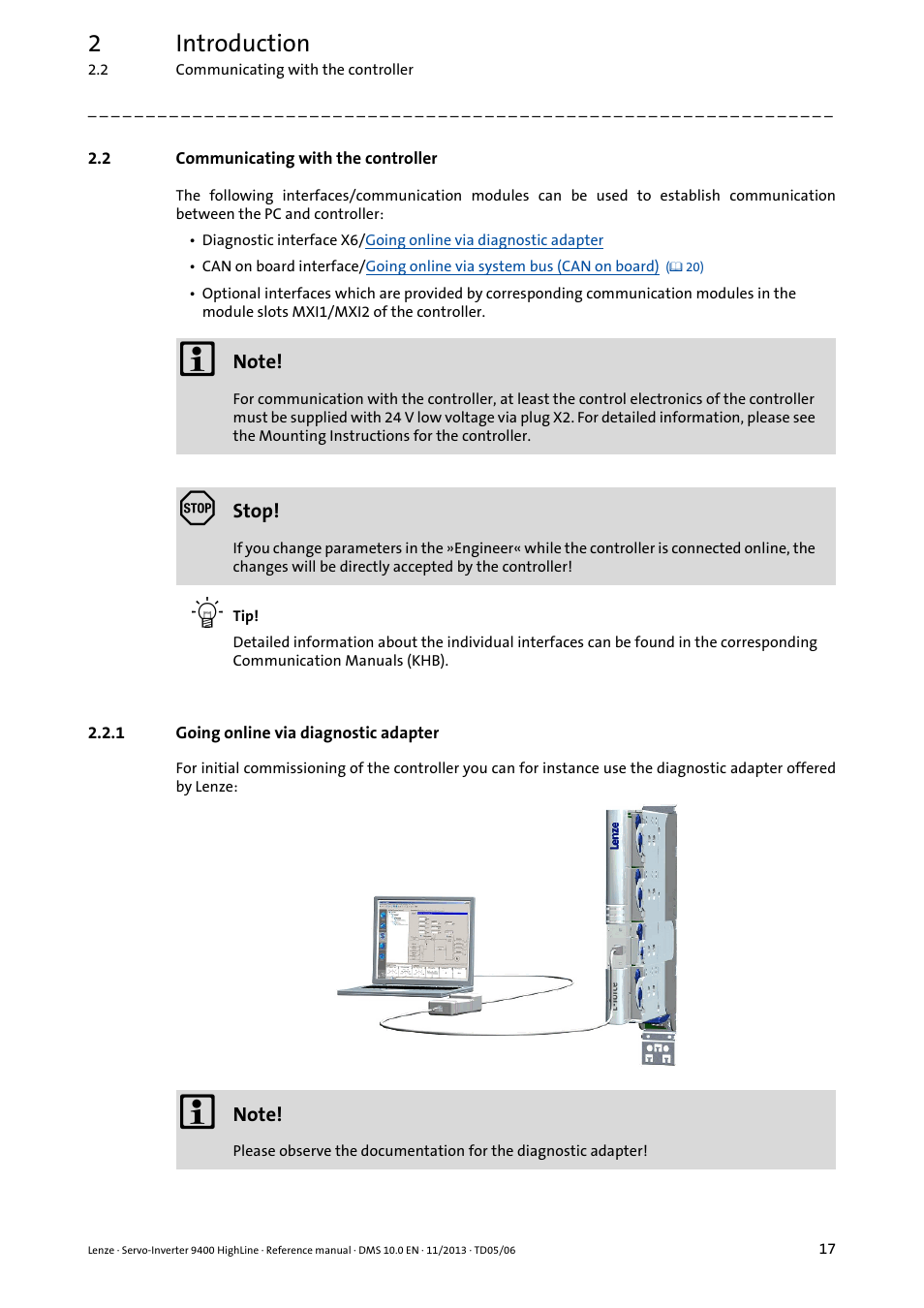 2 communicating with the controller, 1 going online via diagnostic adapter, Communicating with the controller | Going online via diagnostic adapter, 2introduction | Lenze 9400 User Manual | Page 17 / 954