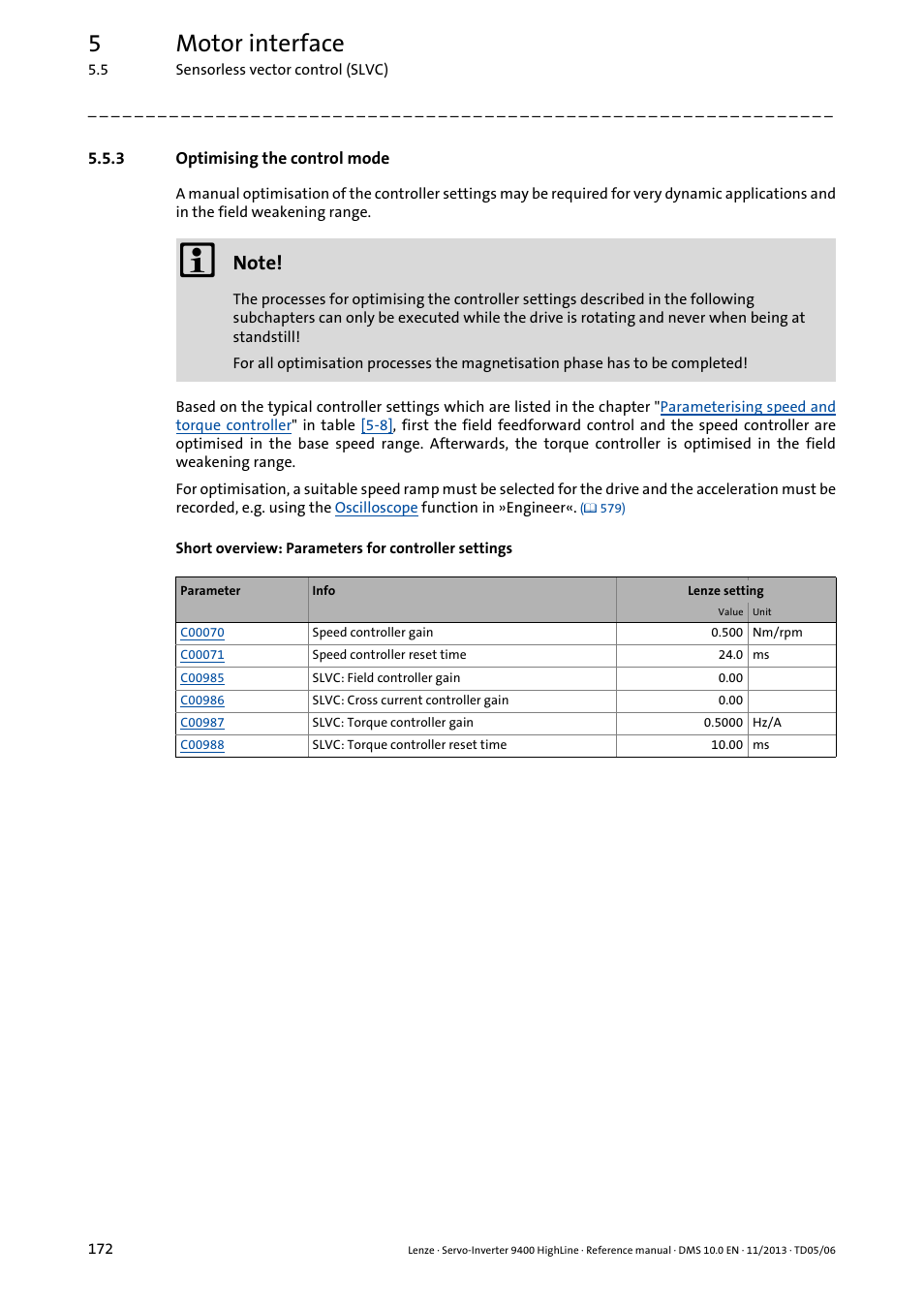 3 optimising the control mode, Optimising the control mode, The chapter | 5motor interface | Lenze 9400 User Manual | Page 172 / 954