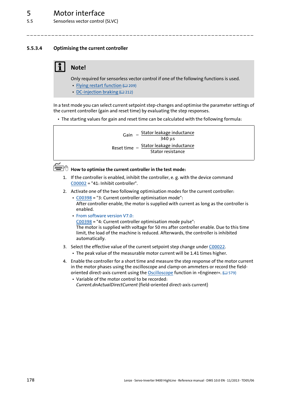 4 optimising the current controller, Optimising the current controller, 5motor interface | Lenze 9400 User Manual | Page 178 / 954