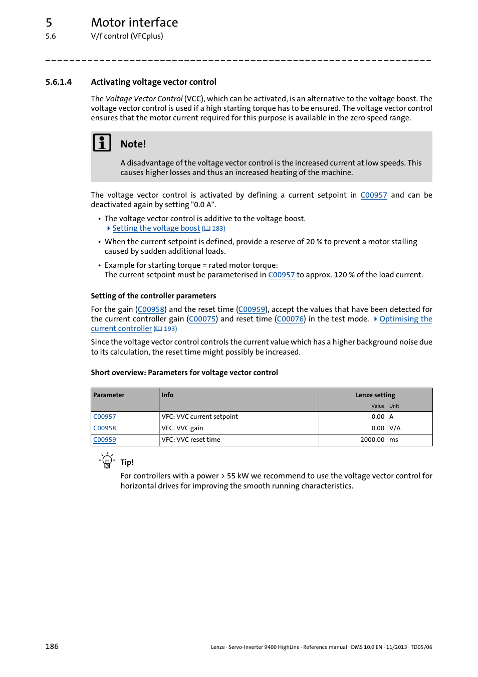 4 activating voltage vector control, Voltage vector control, Activating voltage vector control | 5motor interface | Lenze 9400 User Manual | Page 186 / 954