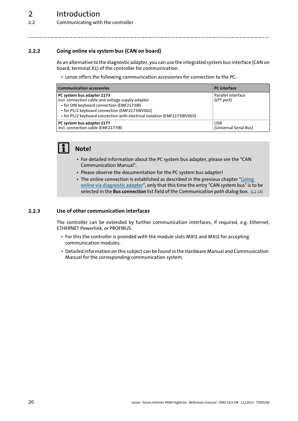 2 going online via system bus (can on board), 3 use of other communication interfaces, Going online via system bus (can on board) | Use of other communication interfaces, 2introduction | Lenze 9400 User Manual | Page 20 / 954