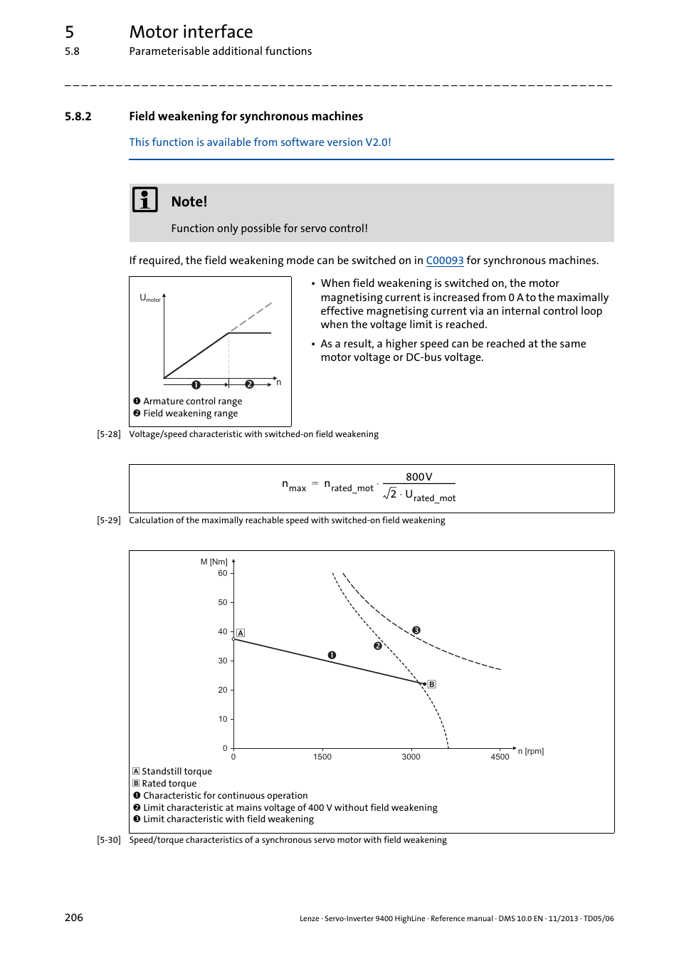 2 field weakening for synchronous machines, Field weakening for synchronous machines, Field weakening for | Synchronous machines, Field weakening for synchronous machines ( 206), V2.0, 5motor interface | Lenze 9400 User Manual | Page 206 / 954