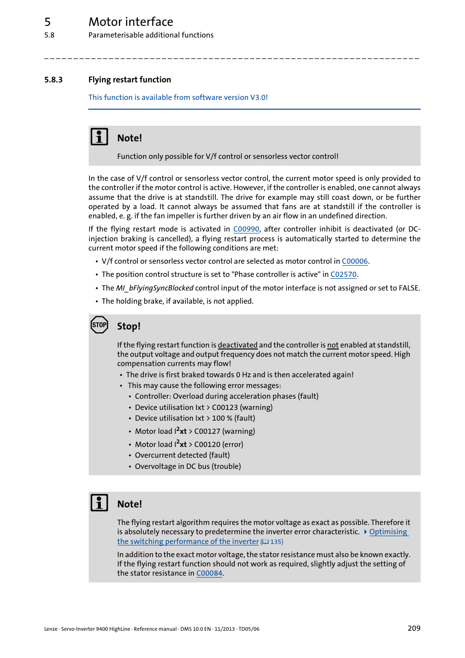 3 flying restart function, Flying restart function, Flying restart function ( 209) | V3.0, 5motor interface | Lenze 9400 User Manual | Page 209 / 954