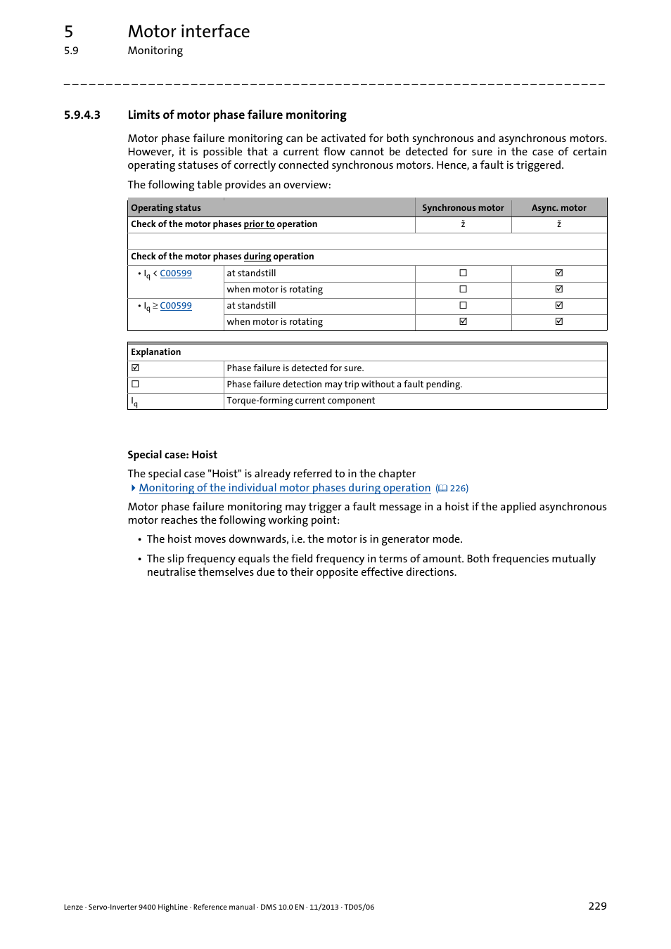 3 limits of motor phase failure monitoring, 5motor interface | Lenze 9400 User Manual | Page 229 / 954