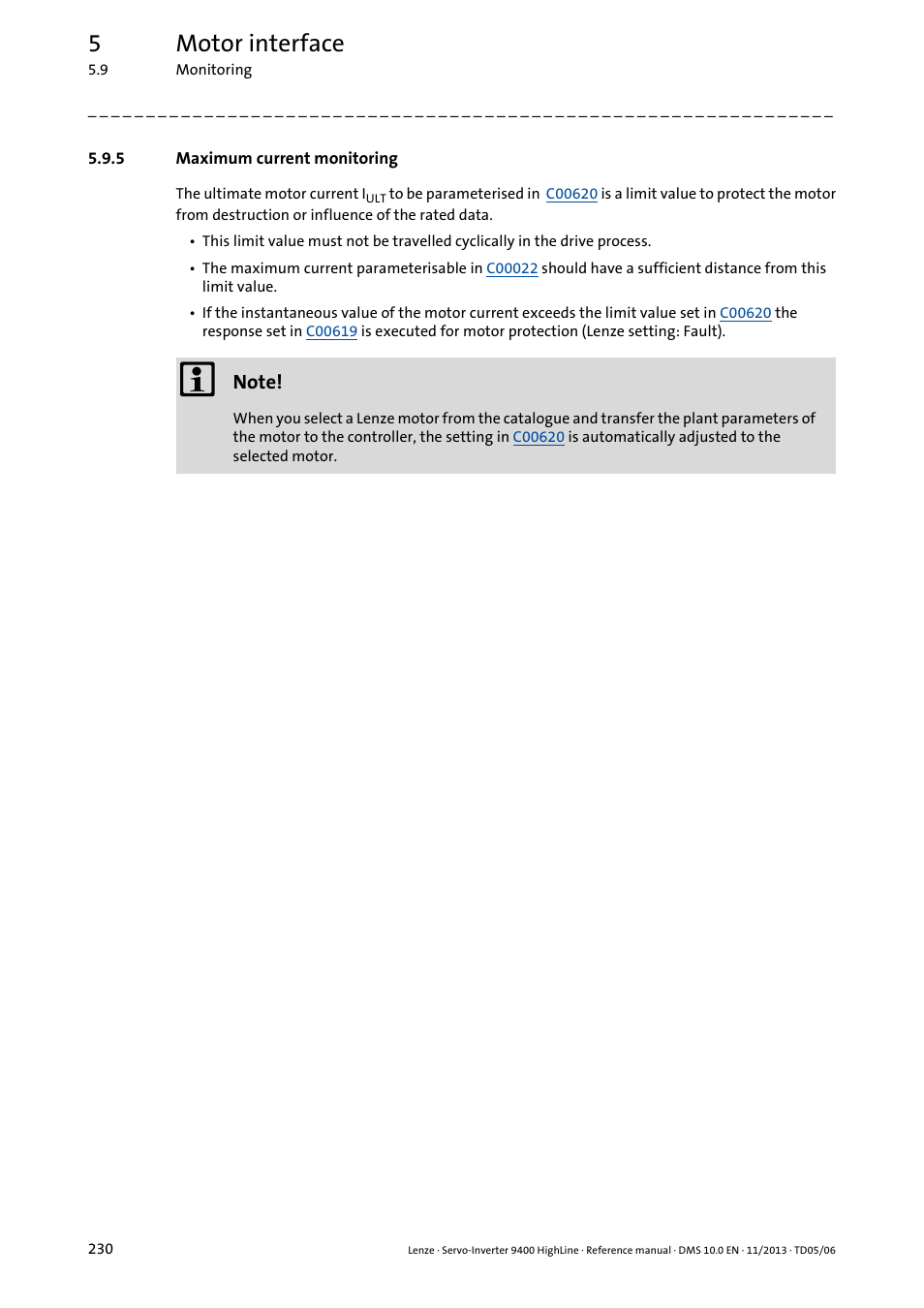 5 maximum current monitoring, Maximum current monitoring, 5motor interface | Lenze 9400 User Manual | Page 230 / 954