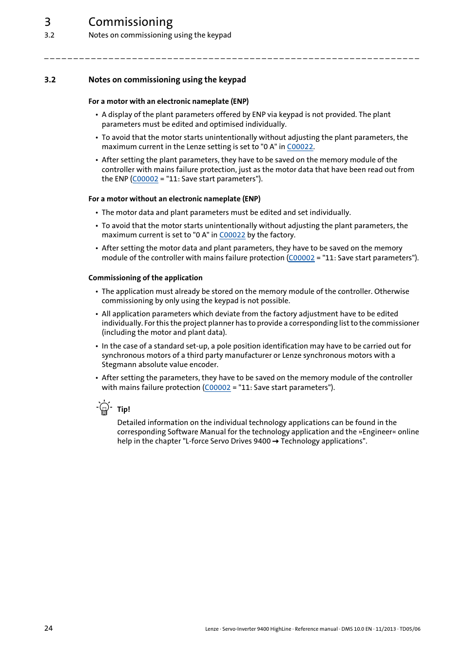 2 notes on commissioning using the keypad, Notes on commissioning using the keypad, 3commissioning | Lenze 9400 User Manual | Page 24 / 954