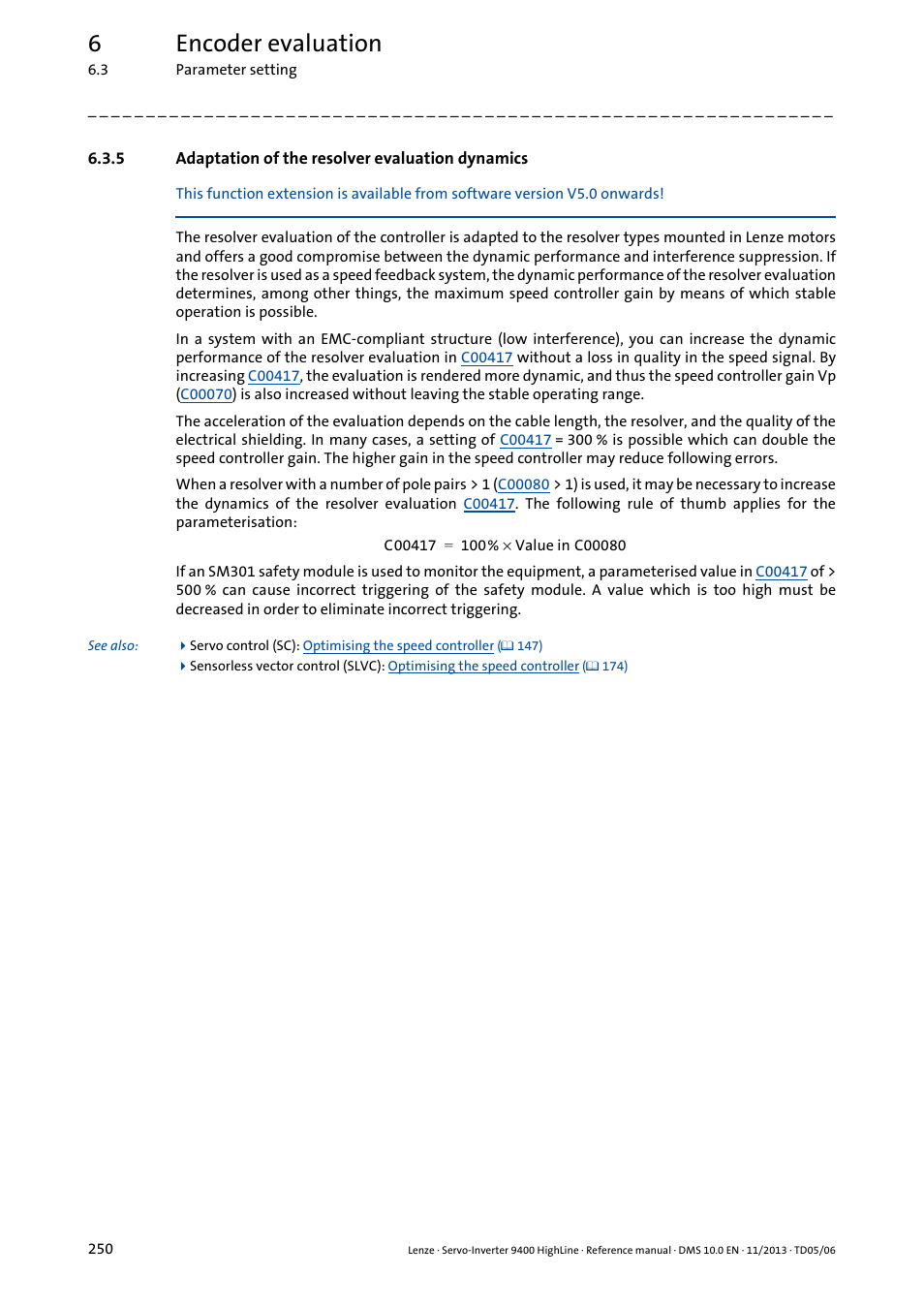 5 adaptation of the resolver evaluation dynamics, Adaptation of the resolver evaluation dynamics, 6encoder evaluation | Lenze 9400 User Manual | Page 250 / 954