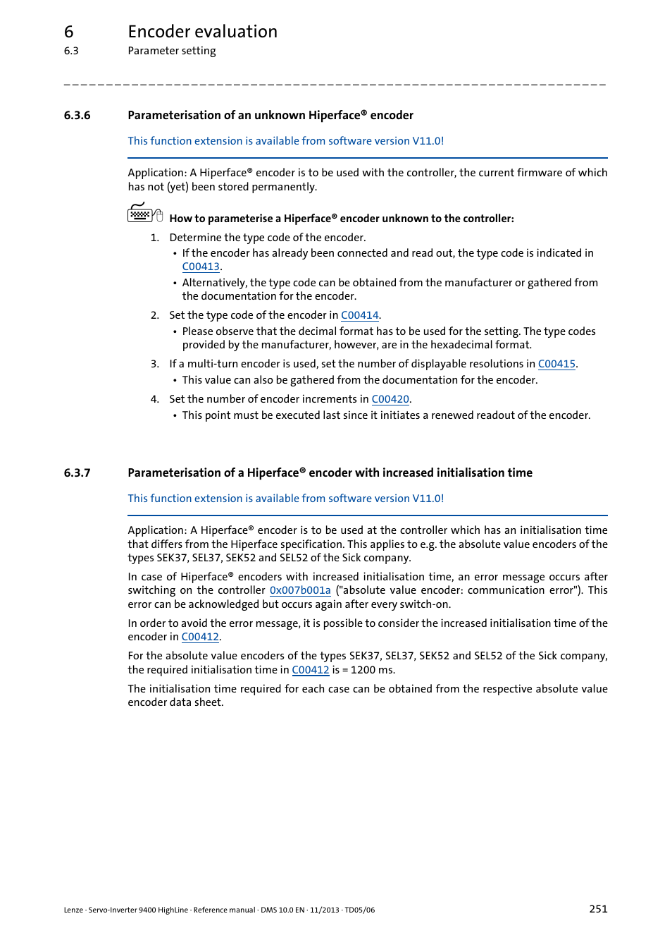 Parameterisation of an unknown hiperface® encoder, 6encoder evaluation | Lenze 9400 User Manual | Page 251 / 954