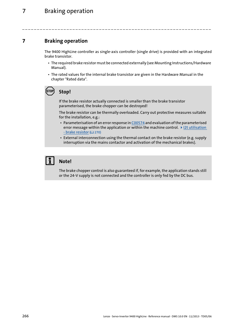 7 braking operation, Braking operation, 7braking operation | Lenze 9400 User Manual | Page 266 / 954