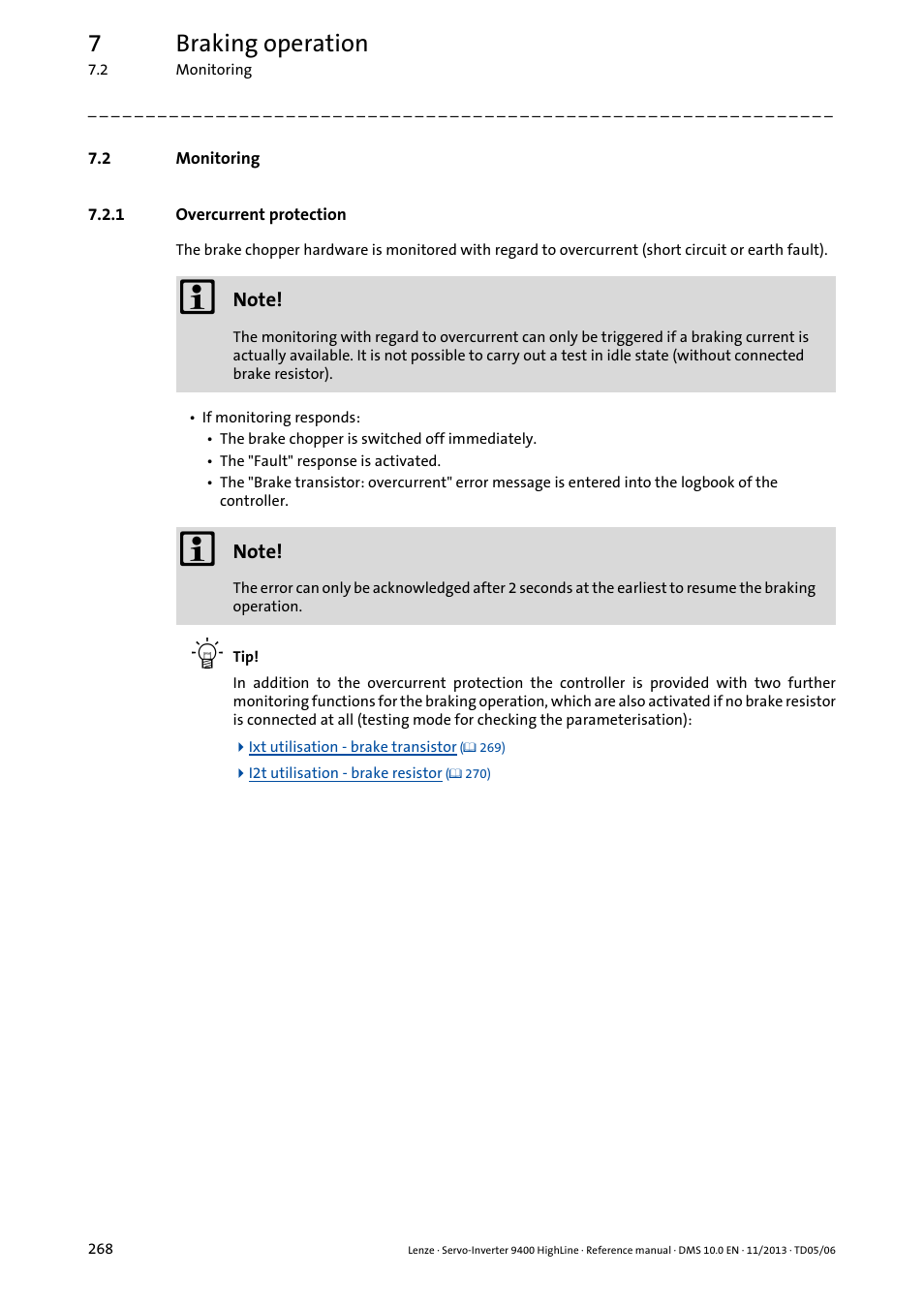 2 monitoring, 1 overcurrent protection, Monitoring | Overcurrent protection, 7braking operation | Lenze 9400 User Manual | Page 268 / 954