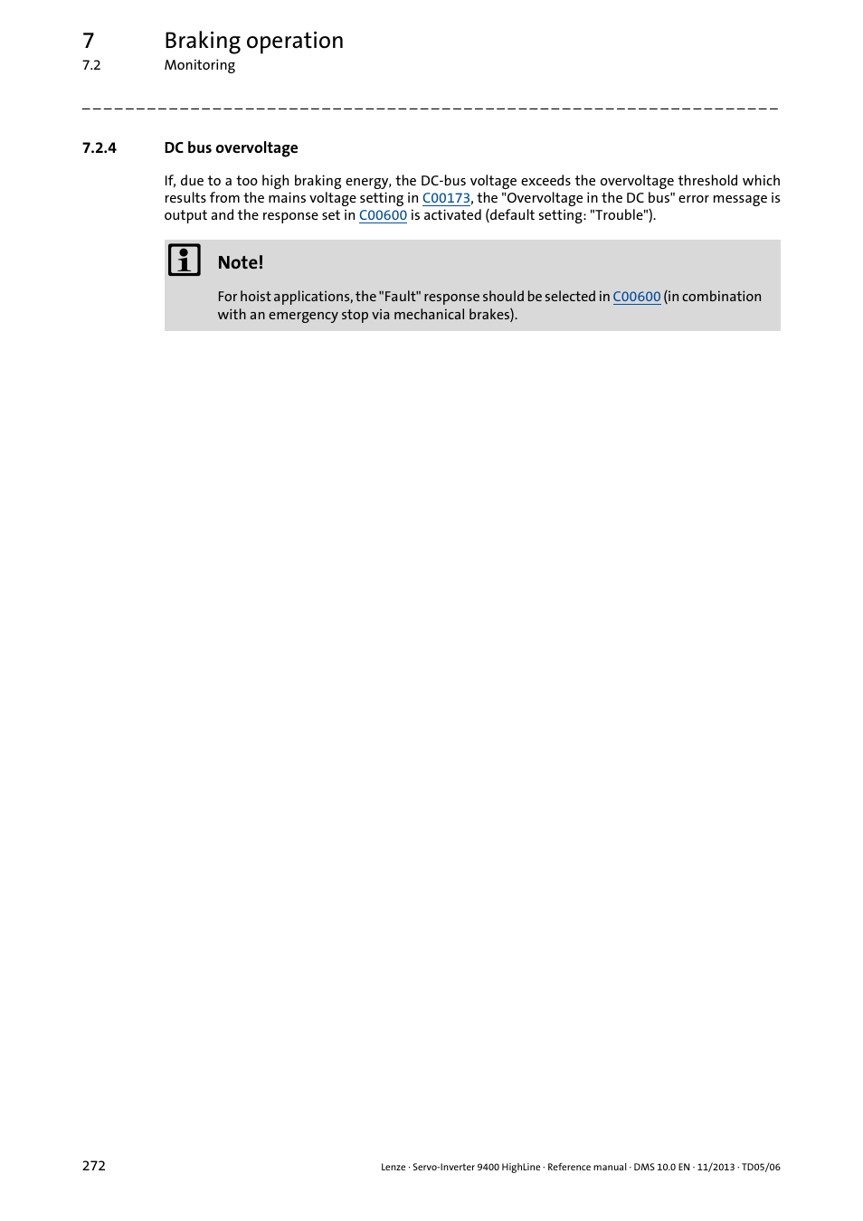 4 dc bus overvoltage, Dc bus overvoltage, Dc bus | Overvoltage, 7braking operation | Lenze 9400 User Manual | Page 272 / 954