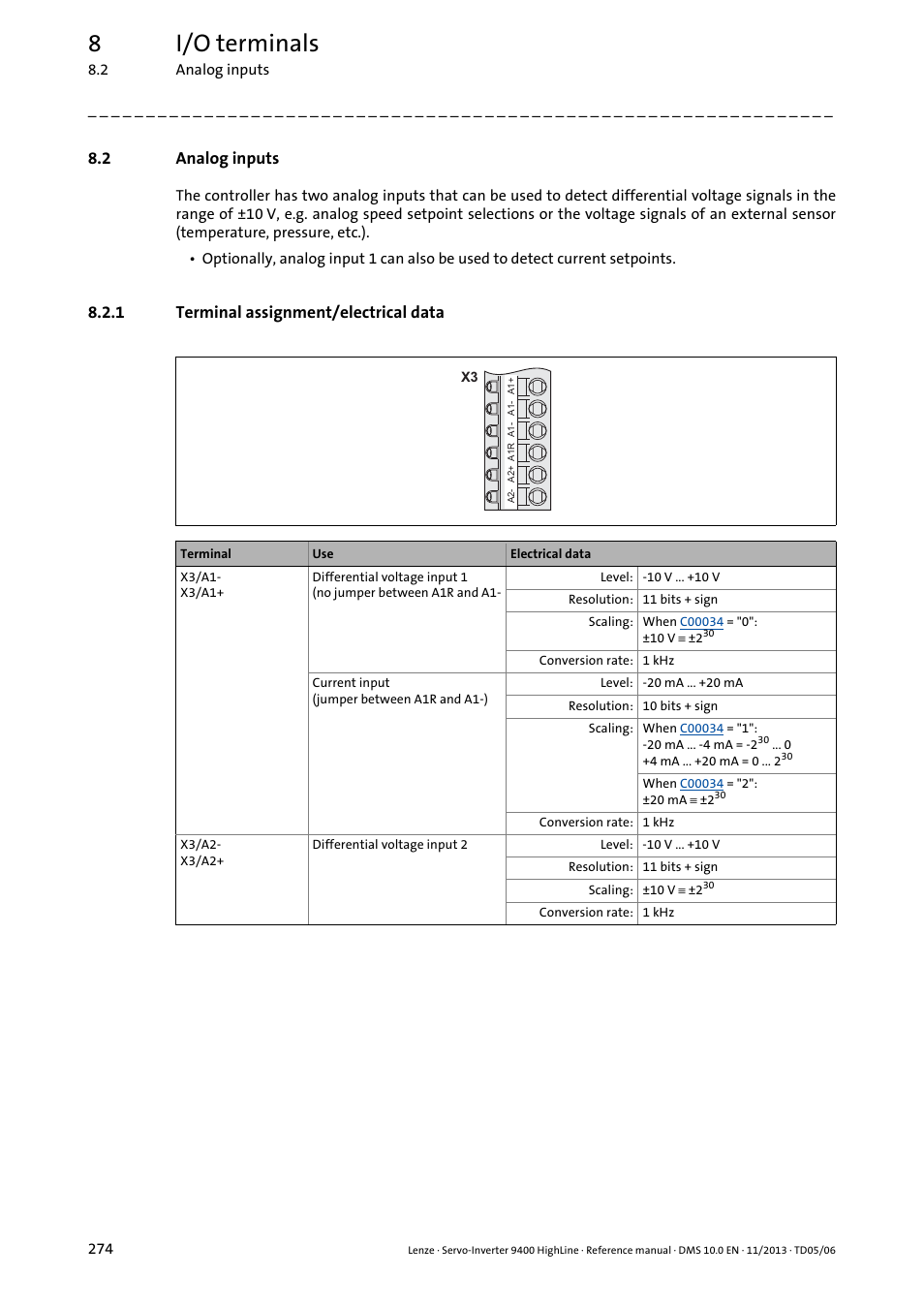 2 analog inputs, 1 terminal assignment/electrical data, Analog inputs | Terminal assignment/electrical data, Analog inputs ( 274), 8i/o terminals | Lenze 9400 User Manual | Page 274 / 954