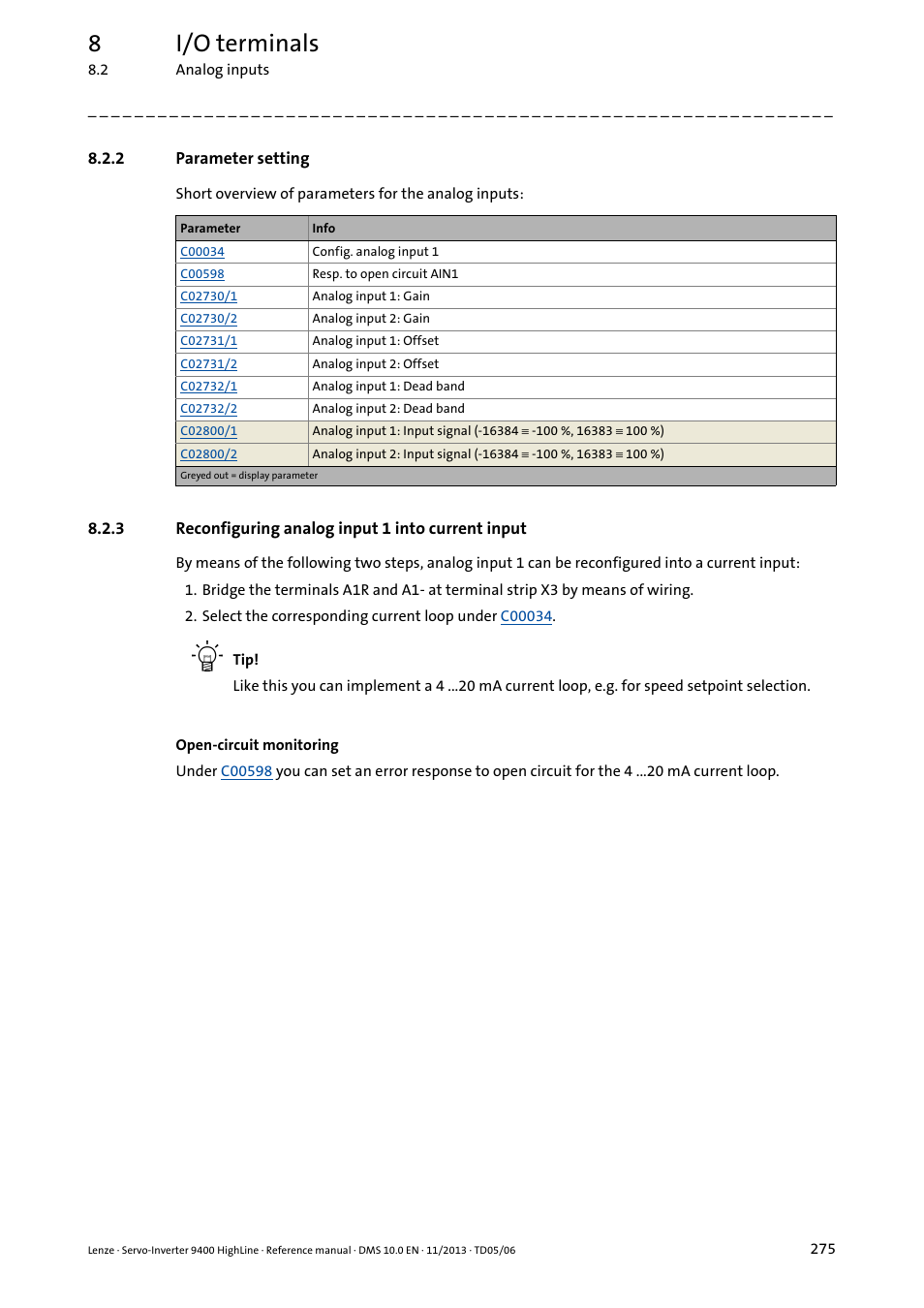 2 parameter setting, 3 reconfiguring analog input 1 into current input, Parameter setting | Reconfiguring analog input 1 into current input, 8i/o terminals | Lenze 9400 User Manual | Page 275 / 954