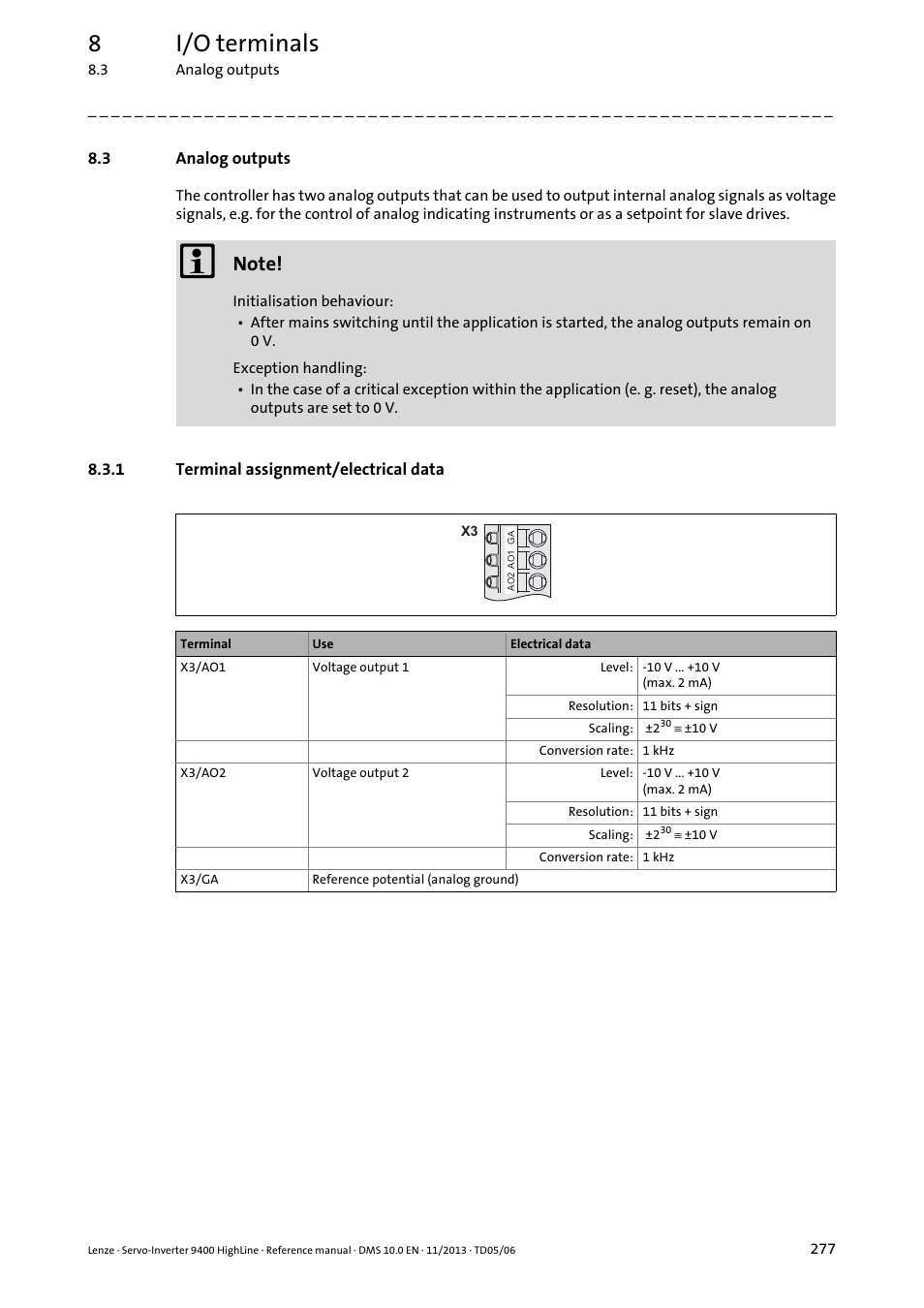 3 analog outputs, 1 terminal assignment/electrical data, Analog outputs | Terminal assignment/electrical data, Analog outputs ( 277), 8i/o terminals | Lenze 9400 User Manual | Page 277 / 954