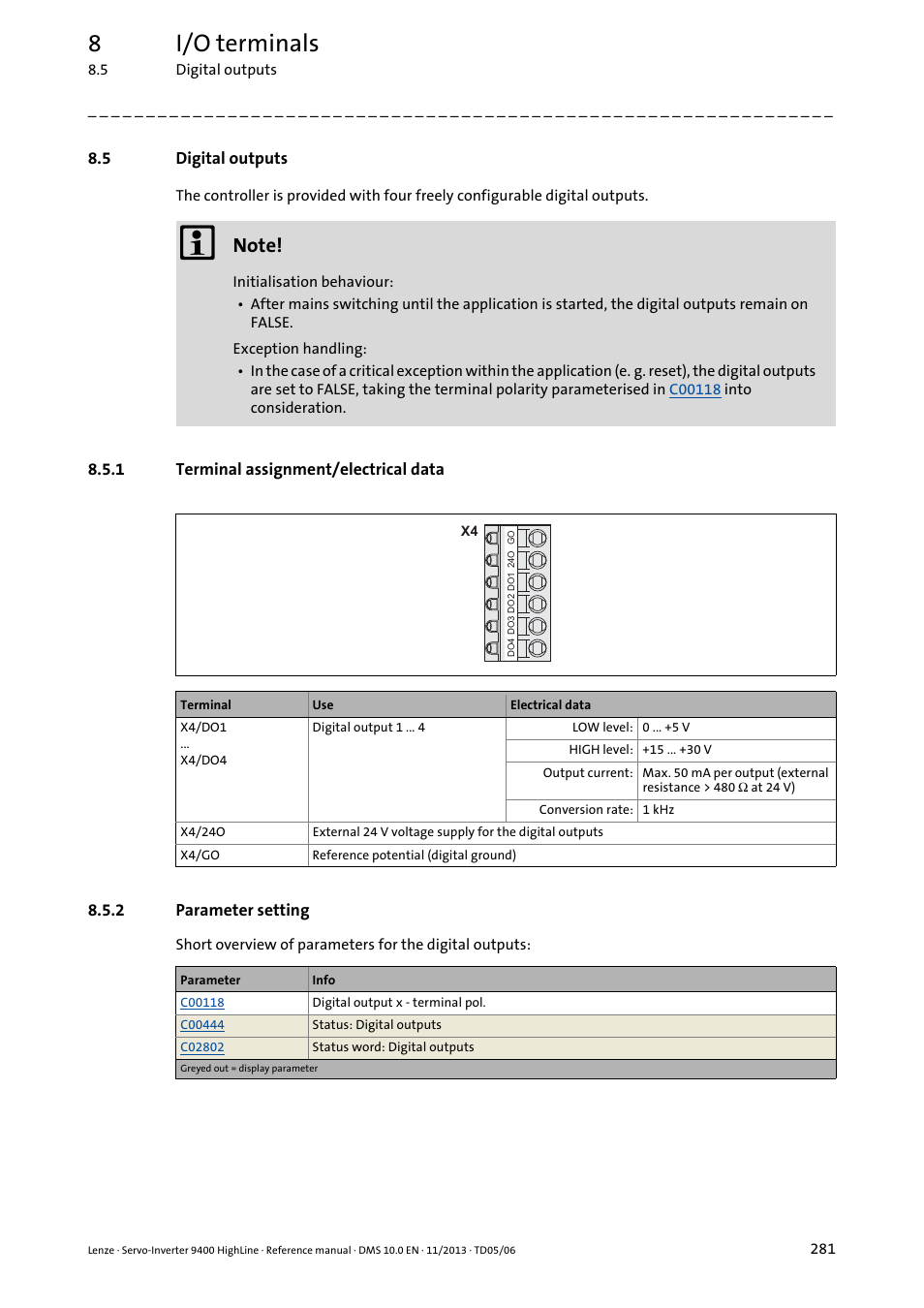 5 digital outputs, 1 terminal assignment/electrical data, 2 parameter setting | Digital outputs, Terminal assignment/electrical data, Parameter setting, Digital outputs ( 281), 8i/o terminals | Lenze 9400 User Manual | Page 281 / 954