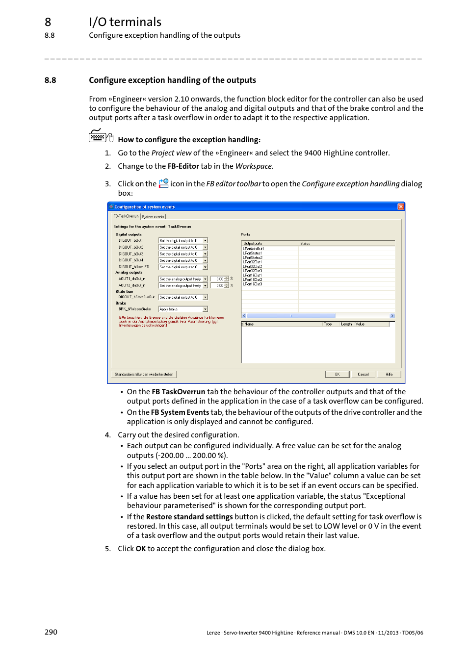 8 configure exception handling of the outputs, Configure exception handling of the outputs, 8i/o terminals | Lenze 9400 User Manual | Page 290 / 954