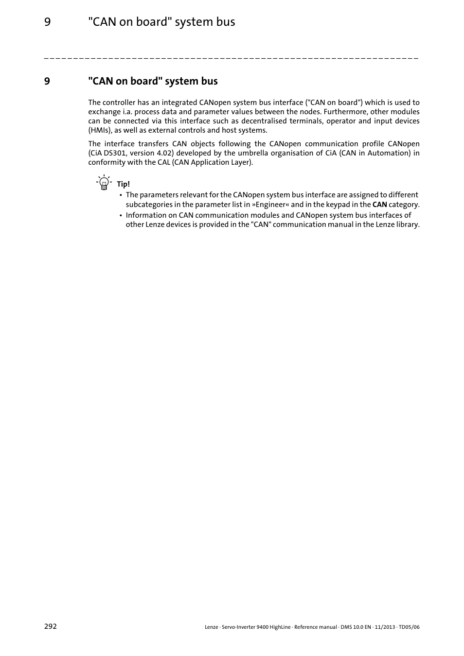 9 "can on board" system bus, Can on board" system bus, 9"can on board" system bus | Lenze 9400 User Manual | Page 292 / 954