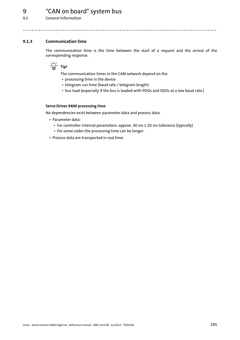 3 communication time, Communication time, 9"can on board" system bus | Lenze 9400 User Manual | Page 295 / 954