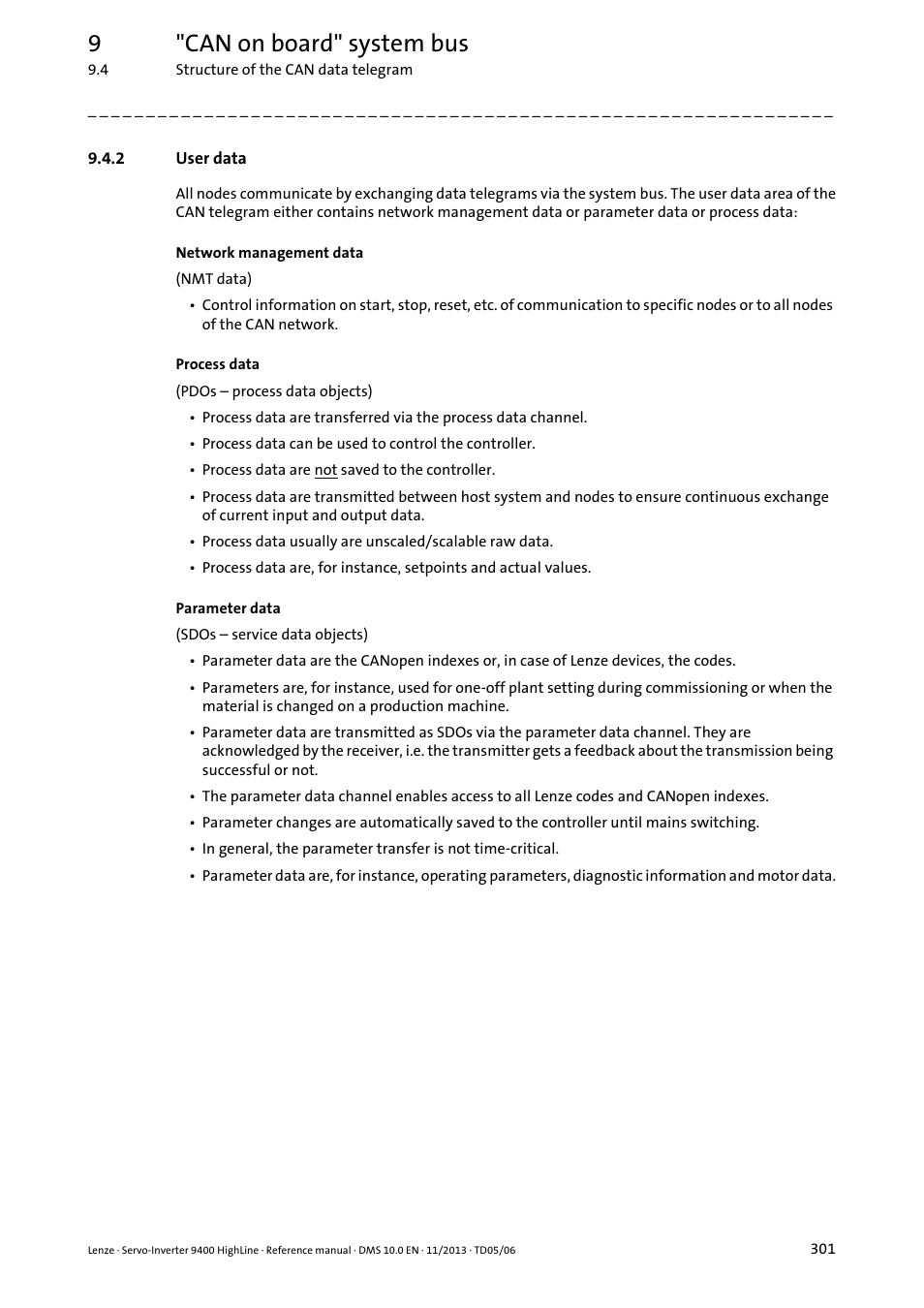 2 user data, User data, 9"can on board" system bus | Lenze 9400 User Manual | Page 301 / 954