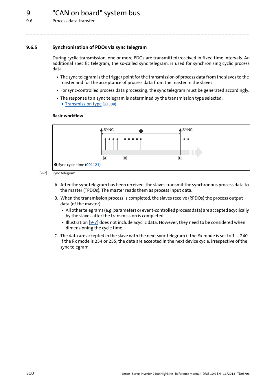 5 synchronisation of pdos via sync telegram, Synchronisation of pdos via sync telegram, 9"can on board" system bus | Lenze 9400 User Manual | Page 310 / 954