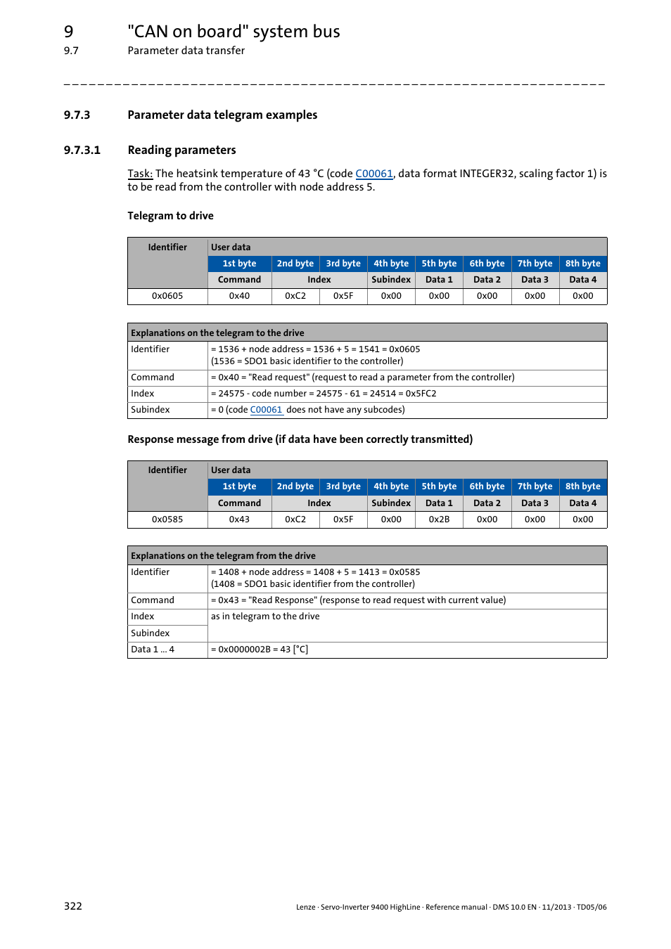 3 parameter data telegram examples, 1 reading parameters, Parameter data telegram examples | 9"can on board" system bus | Lenze 9400 User Manual | Page 322 / 954