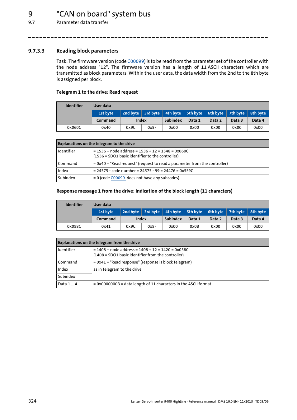 3 reading block parameters, 9"can on board" system bus | Lenze 9400 User Manual | Page 324 / 954