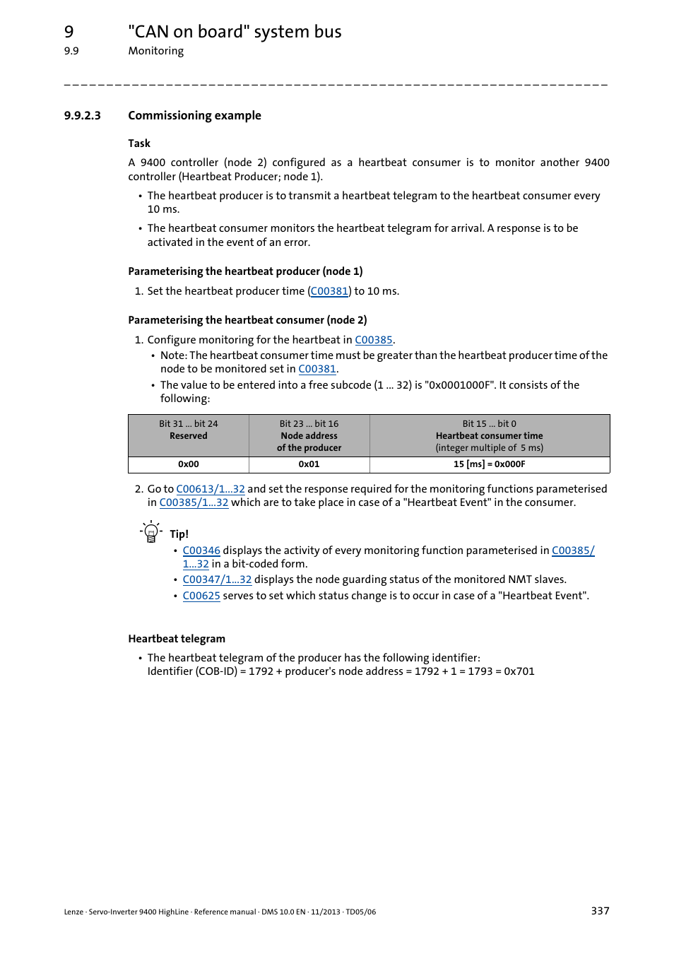 3 commissioning example, 9"can on board" system bus | Lenze 9400 User Manual | Page 337 / 954