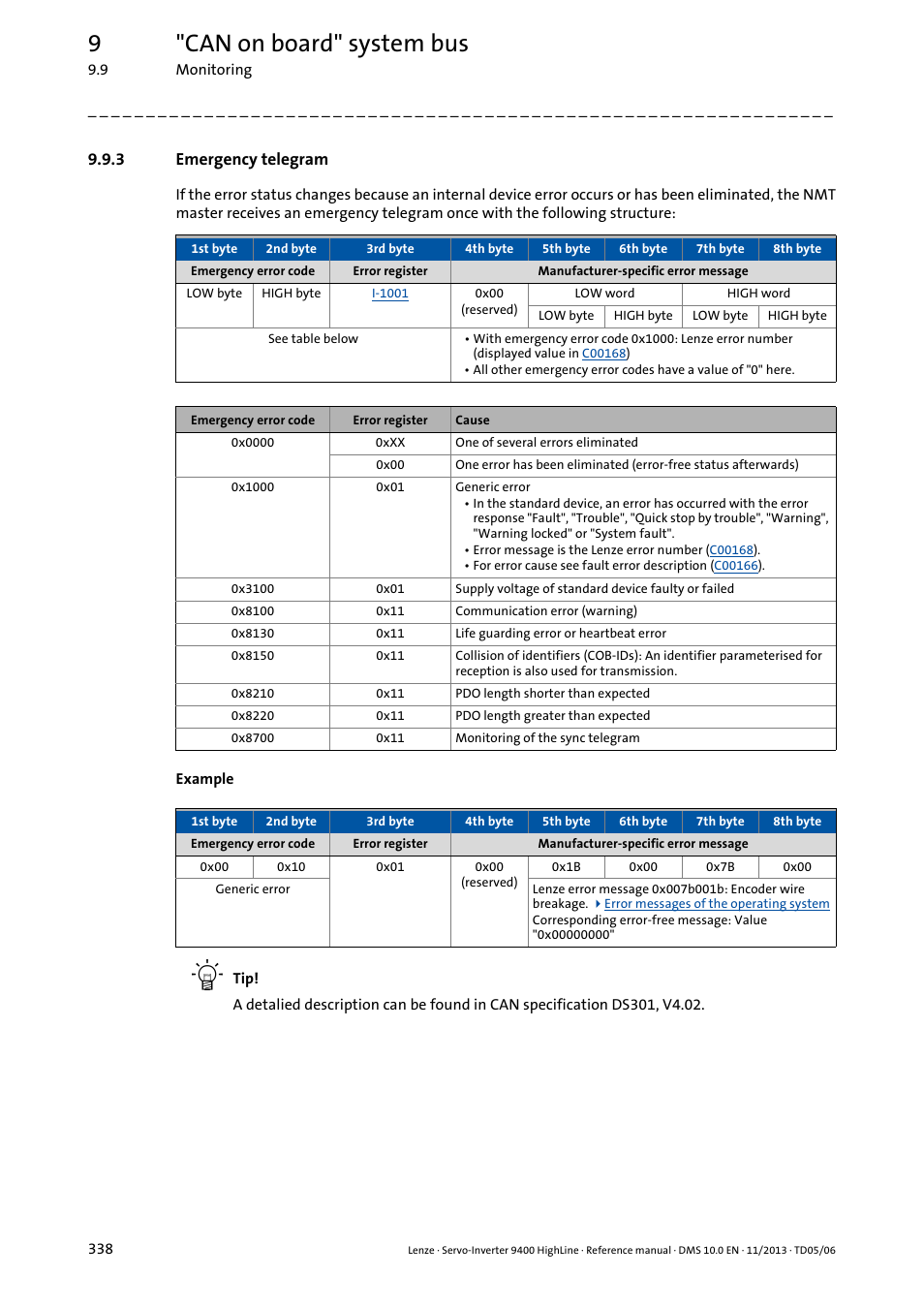 3 emergency telegram, Emergency telegram, 9"can on board" system bus | Lenze 9400 User Manual | Page 338 / 954