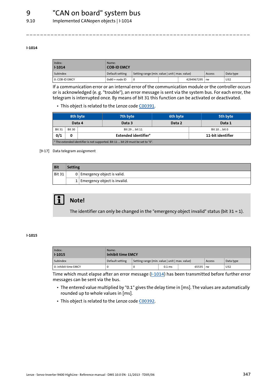 I-1014, I-1015, 9"can on board" system bus | Lenze 9400 User Manual | Page 347 / 954