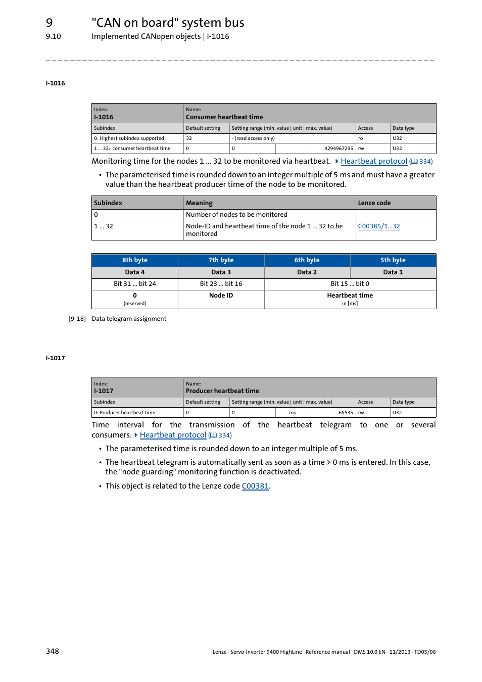 I-1017, The parameterised time, Or via the object | I-1016, 9"can on board" system bus | Lenze 9400 User Manual | Page 348 / 954