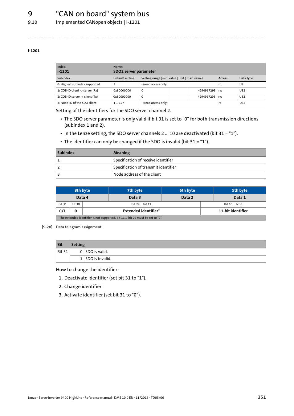 Can object, I-1201, 9"can on board" system bus | Lenze 9400 User Manual | Page 351 / 954