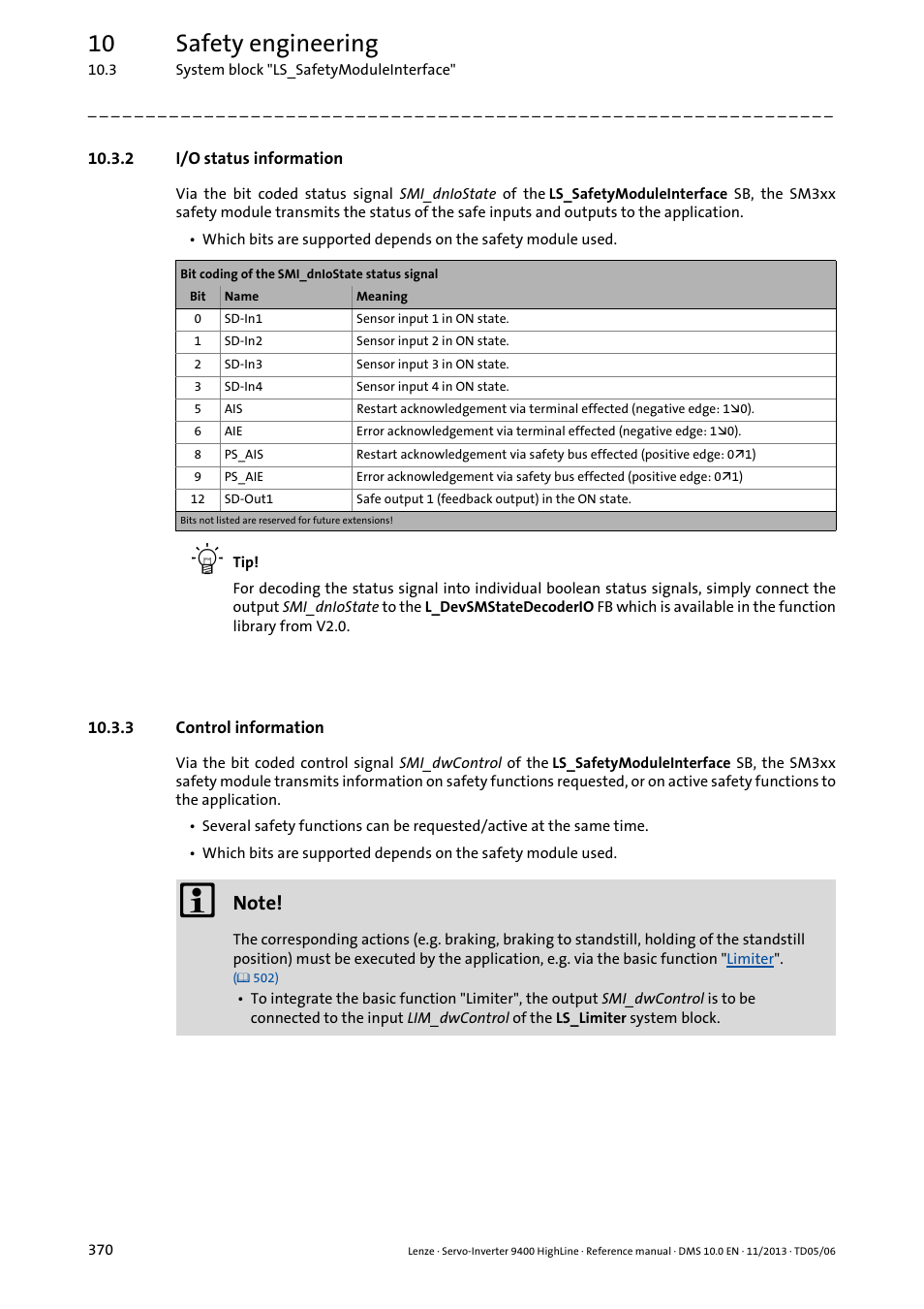 2 i/o status information, 3 control information, Control information | I/o status information ( 370), Control information ( 370), 10 safety engineering | Lenze 9400 User Manual | Page 370 / 954