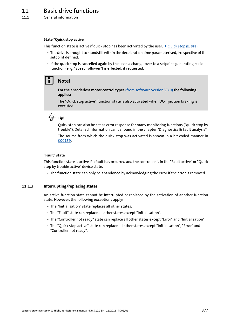 3 interrupting/replacing states, 11 basic drive functions | Lenze 9400 User Manual | Page 377 / 954