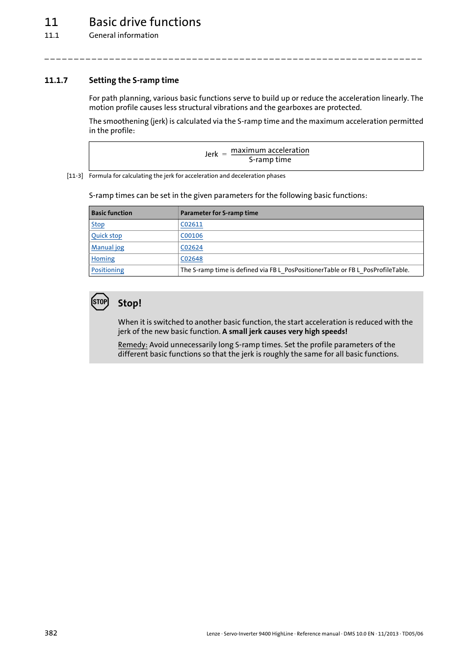 7 setting the s-ramp time, Setting the s-ramp time, 11 basic drive functions | Stop | Lenze 9400 User Manual | Page 382 / 954