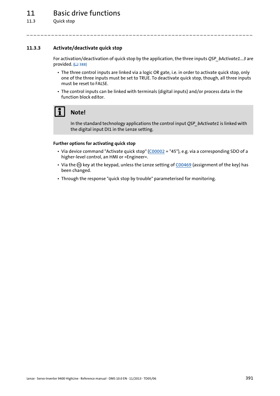 3 activate/deactivate quick stop, 11 basic drive functions | Lenze 9400 User Manual | Page 391 / 954