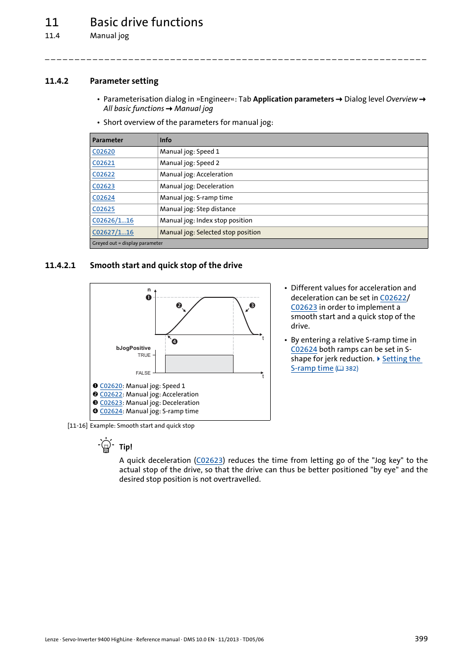 2 parameter setting, 1 smooth start and quick stop of the drive, 11 basic drive functions | Lenze 9400 User Manual | Page 399 / 954