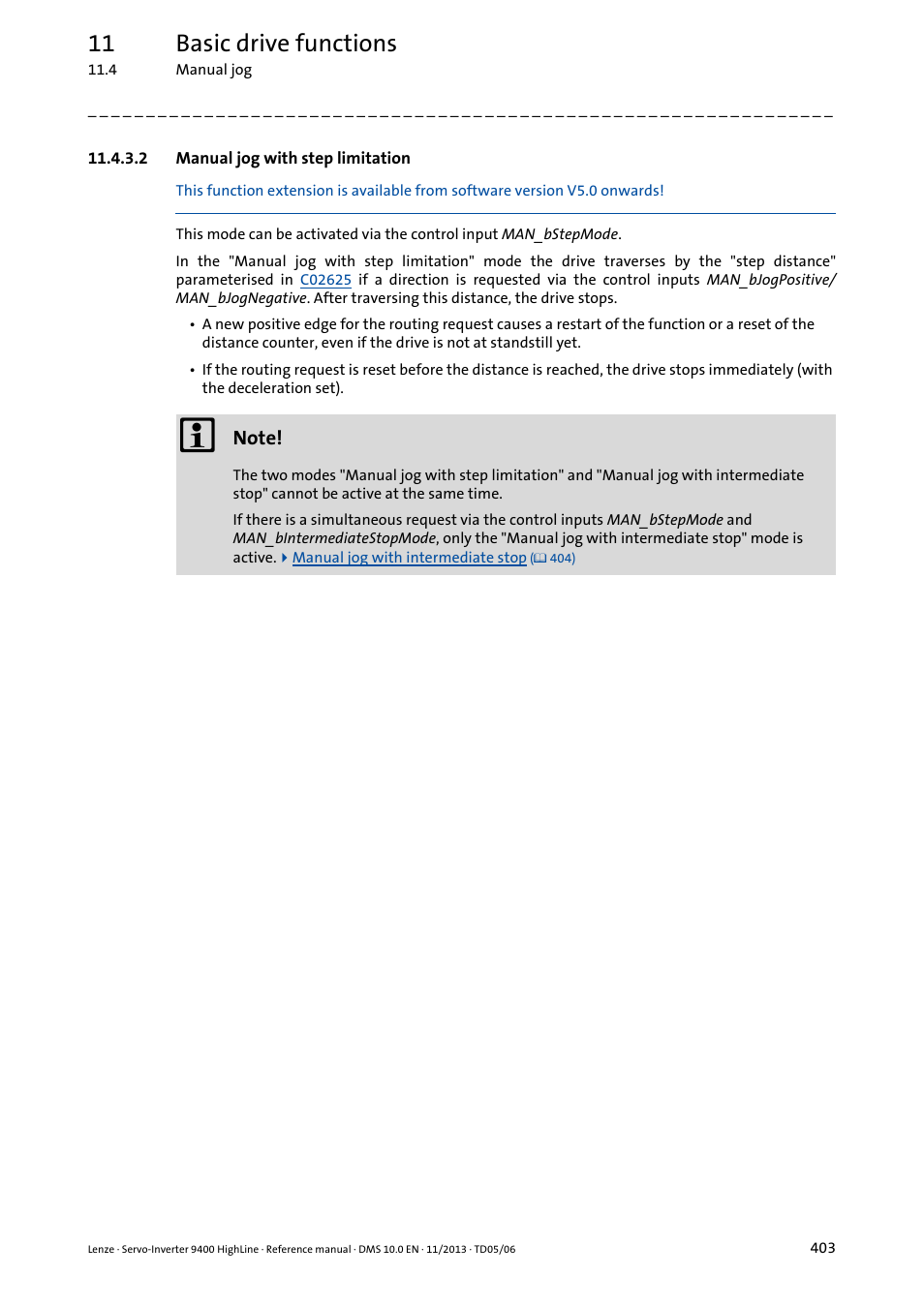2 manual jog with step limitation, Manual jog with step limitation ( 403), 11 basic drive functions | Lenze 9400 User Manual | Page 403 / 954