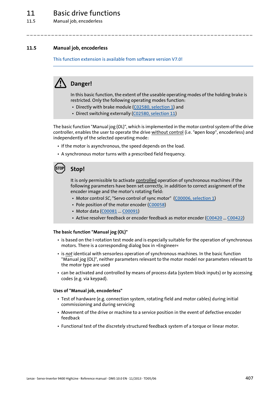 5 manual job, encoderless, Manual job, encoderless, Manual job, encoderless ( 407) | 11 basic drive functions | Lenze 9400 User Manual | Page 407 / 954