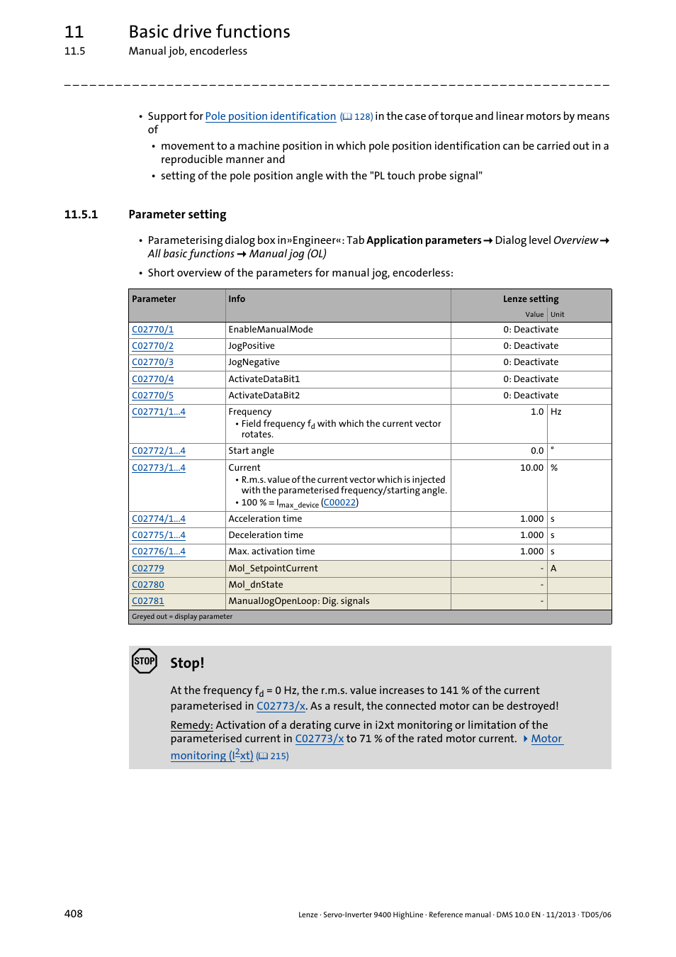 1 parameter setting, 11 basic drive functions, Stop | Lenze 9400 User Manual | Page 408 / 954