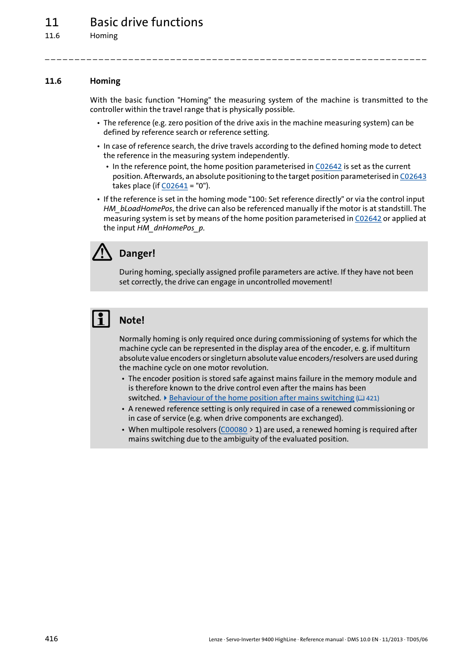 6 homing, Homing, Homing ( 416) | 11 basic drive functions | Lenze 9400 User Manual | Page 416 / 954