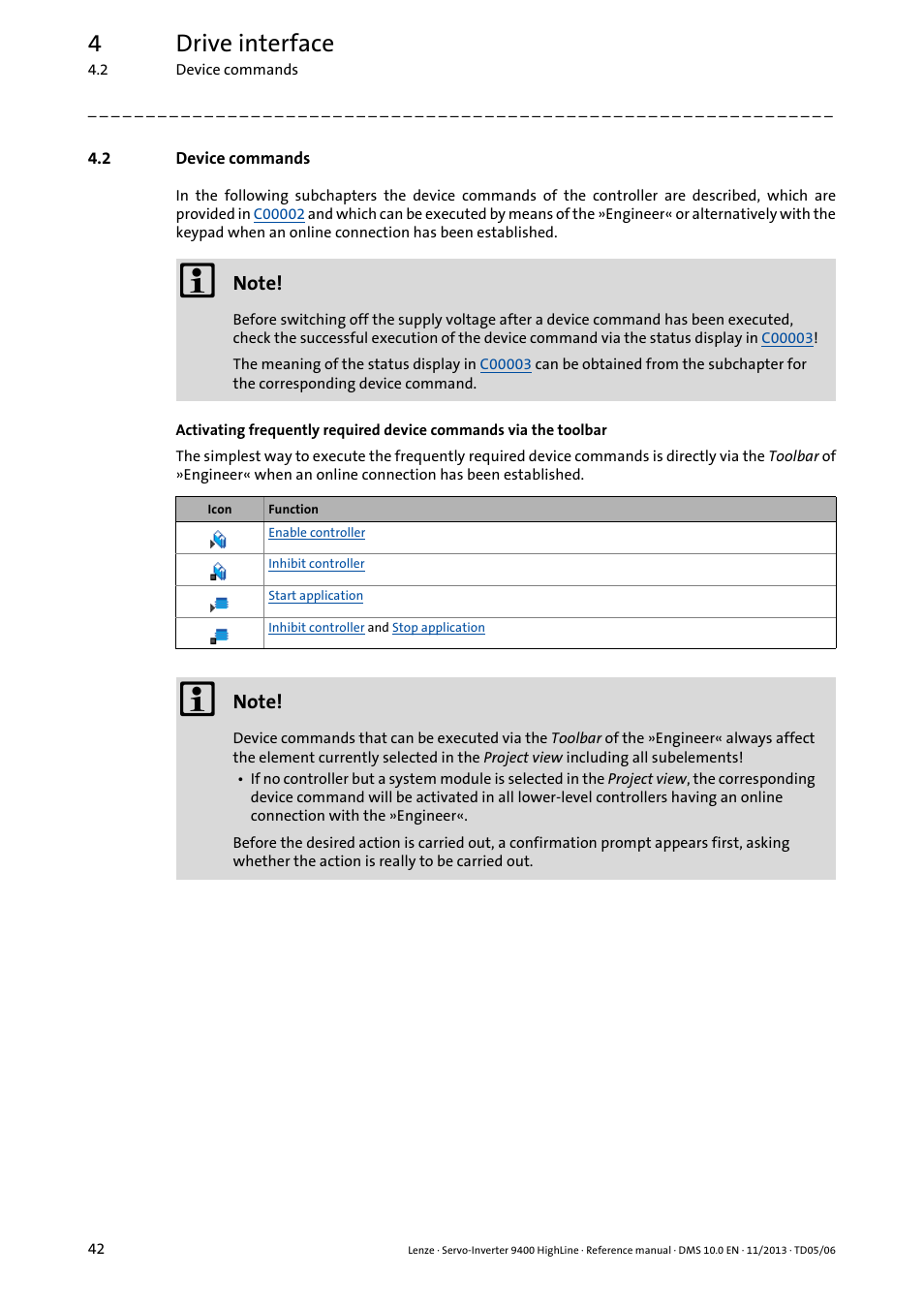 2 device commands, Device commands, 4drive interface | Lenze 9400 User Manual | Page 42 / 954