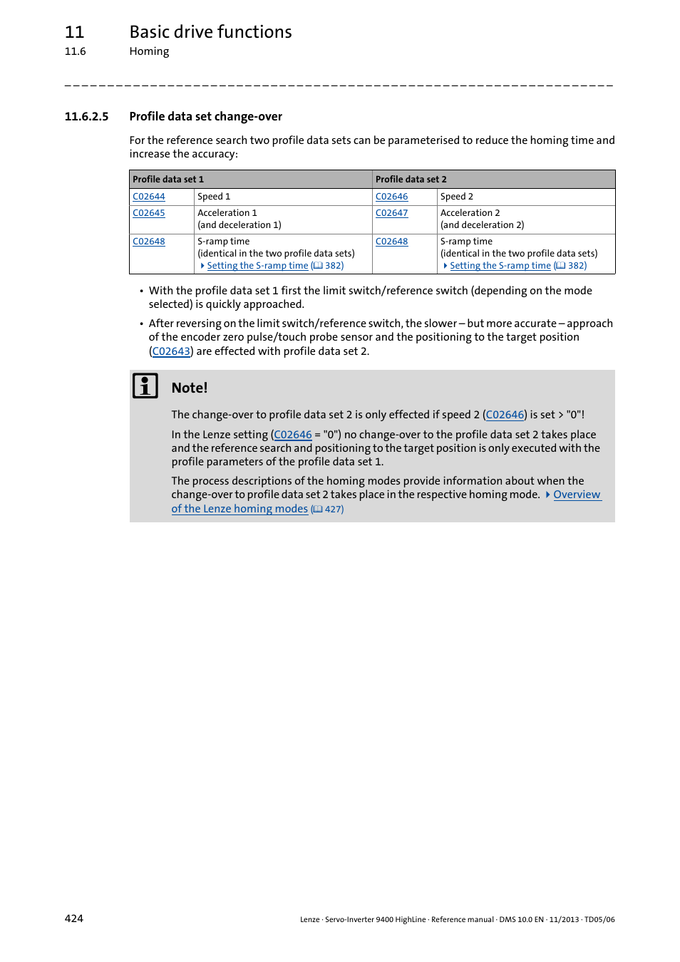 5 profile data set change-over, Profile data set change-over, 11 basic drive functions | Lenze 9400 User Manual | Page 424 / 954