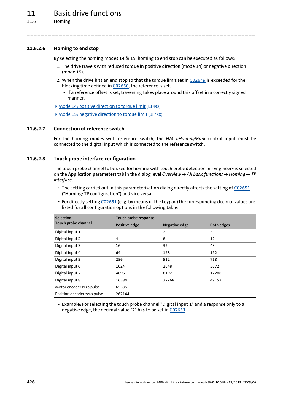 6 homing to end stop, 7 connection of reference switch, 8 touch probe interface configuration | 11 basic drive functions | Lenze 9400 User Manual | Page 426 / 954