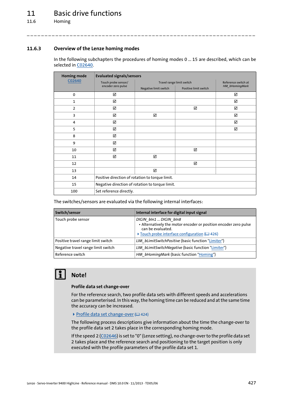 3 overview of the lenze homing modes, Apter, Overview of the lenze homing modes | Overview, Of the lenze homing modes, 11 basic drive functions | Lenze 9400 User Manual | Page 427 / 954